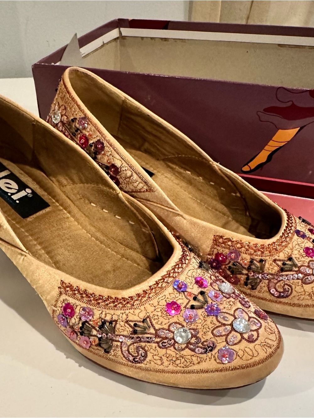 lei Gold Embroidered Floral Flats with Pink & Purple Accents